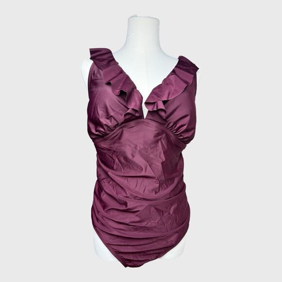 Kona Sol Womens One Piece Shirred Wrap Swimsuit Size 14W Purple Tummy Control - Picture 3 of 16